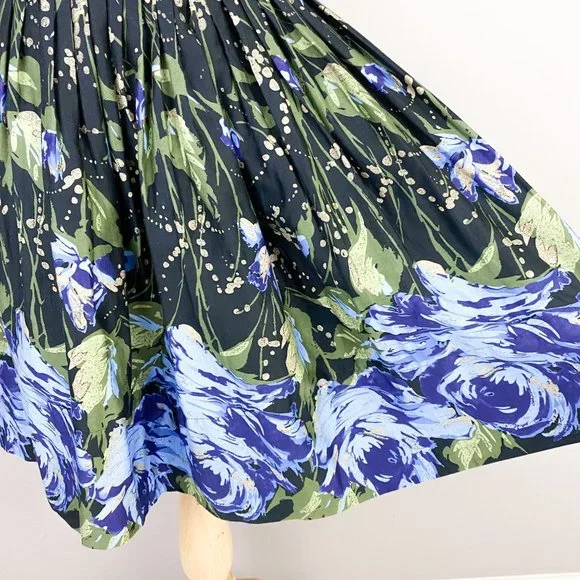 Ann Taylor Loft Black Blue Green Pleated A-Line Knee Length Skirt 6 - Picture 2 of 4